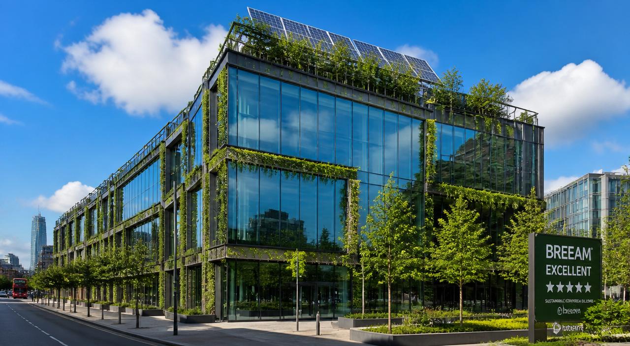 BREEAM Excellent certified sustainable office building with green facade and solar panels